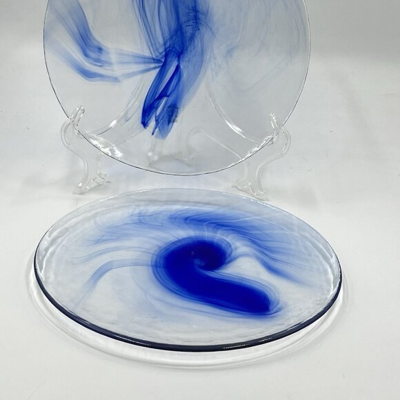 2 Bormioli Rocco Murano Cobalt Blue Swirl Clear Glass Dinner Plates 11” Vintage - Picture 2 of 6